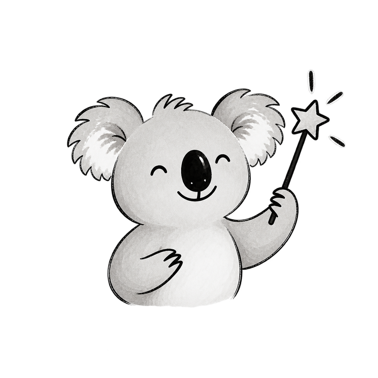 A smiling koala holding a magic wand