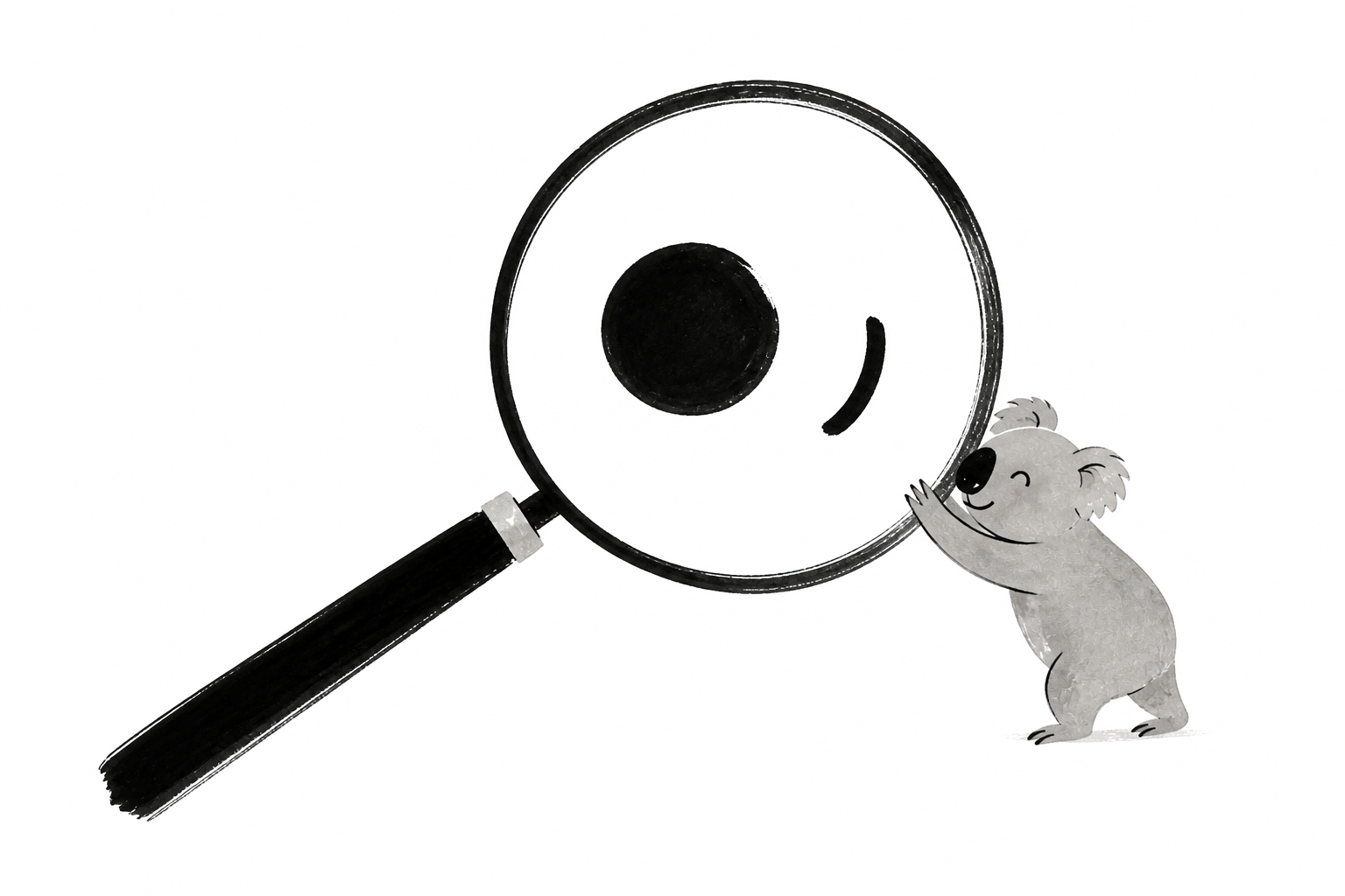A koala inspecting a symbol through a magnifying glass