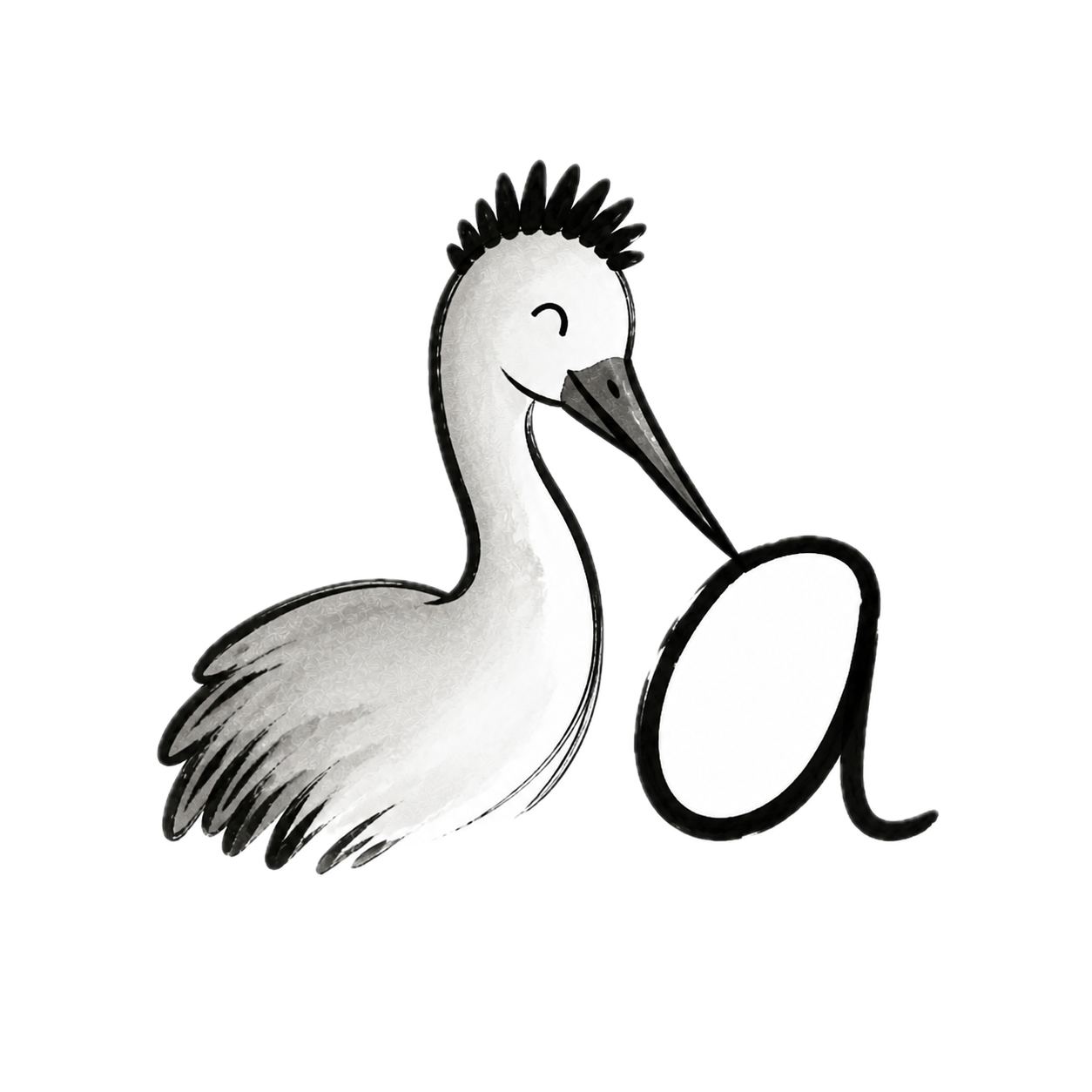 A crane beside a large lowercase letter a
